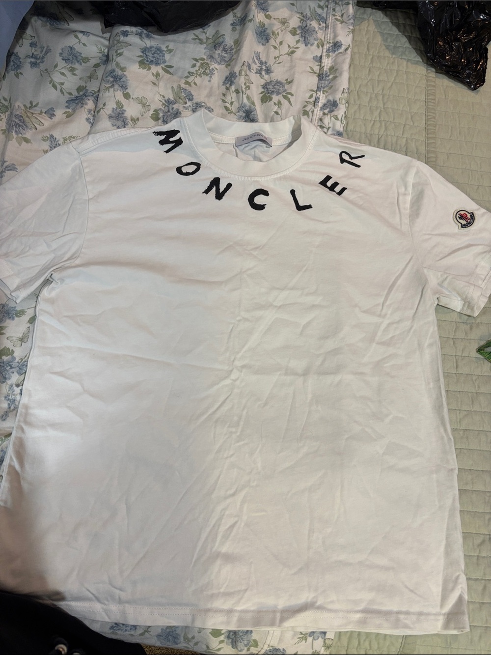 Moncler White Short-Sleeve Tee with Black Neck Logo